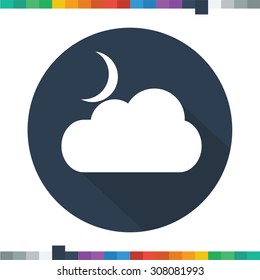 Crescent moon with clouds flat icon.