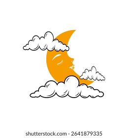 Crescent moon and clouds icon on white background. Vector illustration.