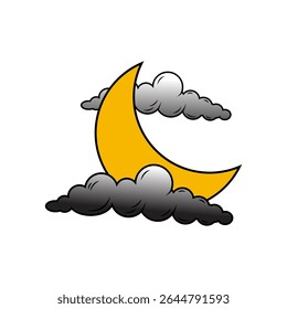 Crescent moon and clouds icon on white background. Vector illustration.