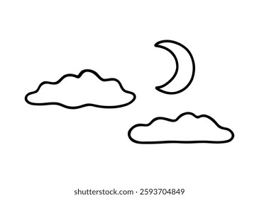 Crescent moon and clouds isolated on a white background. Vector hand-drawn illustration in doodle style. Perfect for cards, decorations, logo, various designs.