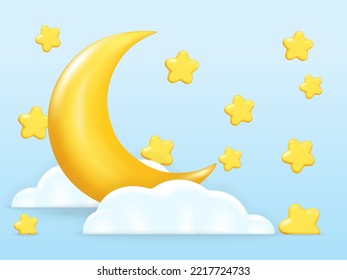 Crescent or moon with clouds and many asterisks. Glossy 3d crescent and three dimensional stars. Dream, lullaby, dreams symbol design for banner or poster. Space futuristic design. Vector illustration