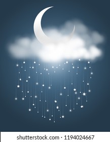 The crescent moon and clouds with meteor showers look like rainy night. Abstract astronomy background. Vector illustration.
