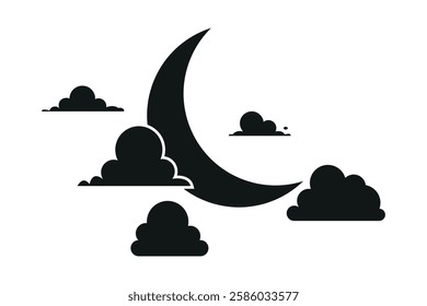 Crescent moon with clouds, night sky silhouette, black and white vector illustration.