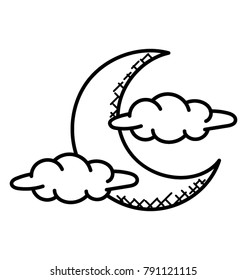 Crescent moon in the clouds representing the concept of night sky, doodle vector 
