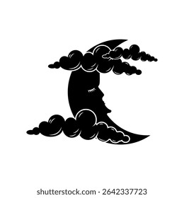 Crescent moon and clouds. Silhouette. Vector illustration.