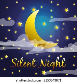 Crescent moon in the clouds in the starry sky. Fantasy scene of silent night. Cute good night card design for kids.