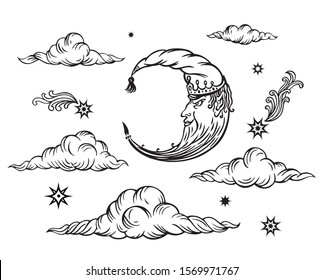Crescent moon, clouds and stars, graphics, black and white illustration in retro style.
