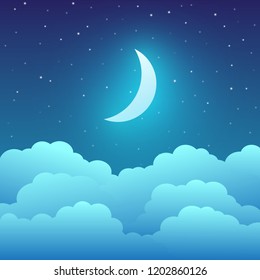 Crescent moon with clouds and stars in the night sky. Vector illustration