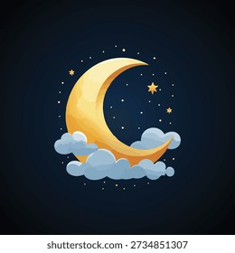 Lua Crescente com Nuvens e Estrelas Ilustração do Céu Noturno