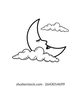 Crescent moon and clouds. Vector illustration in doodle style