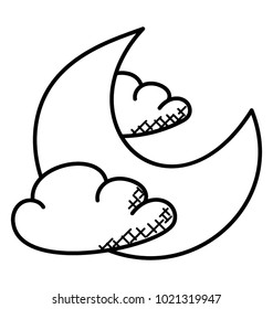 
Crescent moon with clouds. Weather doodle icon 
