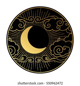 Crescent moon in the cloudy sky. Decorative graphic design element. Vector illustration in oriental style