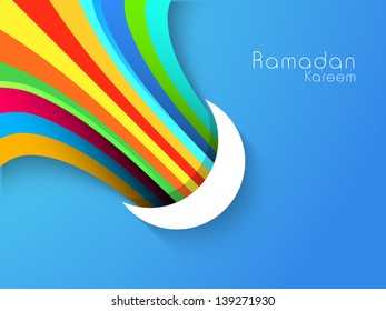 Crescent Moon with colorful rays on blue background, concept for Muslim community holy month Ramadan or Ramazan.