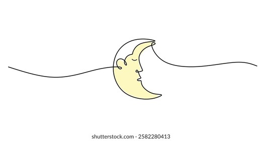 Crescent moon in continuous line drawing. Symbol of the night sky, dreams, and cosmic wonder. Vector illustration hand drawn.