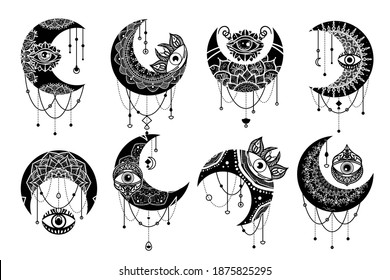 Crescent moon contour symbol linear icons set. Esoteric spiritual ethnic mascots. Zentangle ornament with mandala element. Isolated vector outline illustrations.