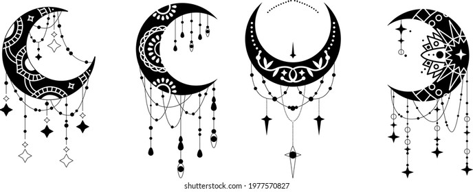 Crescent moon contour symbol linear icons set. Esoteric spiritual ethnic mascots. Zentangle ornament with mandala element. Isolated vector outline illustrations.
