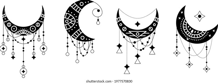 Crescent moon contour symbol linear icons set. Esoteric spiritual ethnic mascots. Zentangle ornament with mandala element. Isolated vector outline illustrations.
