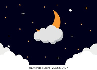 crescent moon covered and clouds in the night sky  Vector night sky background stars   moon  crescent moon and clouds   stars in space