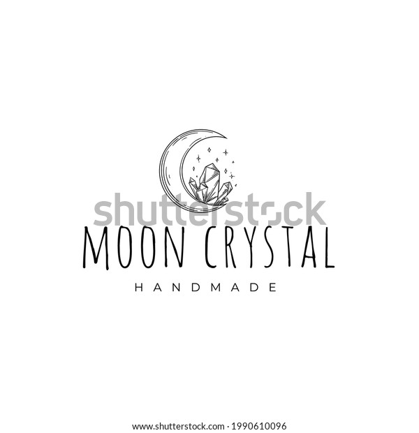 Crescent Moon With Crystal And Star Logo\
Drawing Illustration Template Vector\
Icon