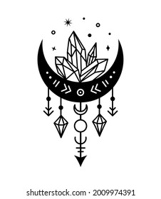 Crescent Mond und Kristalle Vektorsilhouette Design. Boho monochrome Illustration. Symbole der Magie und Alchemie. Mystisches Zeichen. Witziger Druck.
