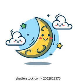 Crescent moon and cute clouds vector illustration. Moon and cute clouds isolated on a white background. Flat cartoon style. Suitable for stickers, banners, web landing pages and more.
