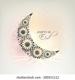 Crescent moon decorated with beautiful flowers on colourful background for Muslim community festival Jashn-E-Eid. 