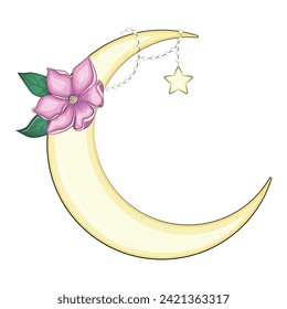 Crescent moon decorated with flowers, leaves anemone, peony, magnolia, violet, a beautiful bouquet