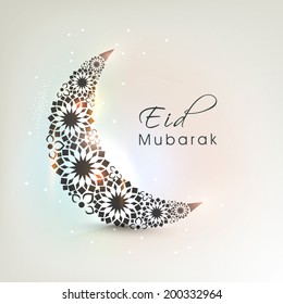 Crescent moon decorated with flowers on shiny colourful background for muslim community festival Eid Mubarak celebrations. 