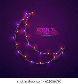 Crescent moon decorated with glowing lights ans arabic calligraphy of text Eid Mubarak.