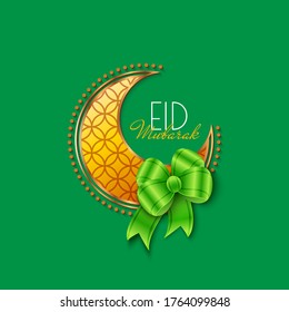 Luna creciente decorada con un patrón dorado sobre el fondo verde para las celebraciones del festival comunitario musulmán Eid Mubarak.