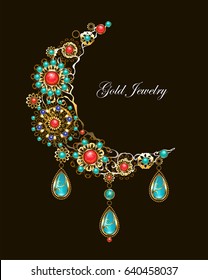 Crescent moon decorated with jewelry, gold and bronze ornaments in ethnic style, with turquoise and jasper.