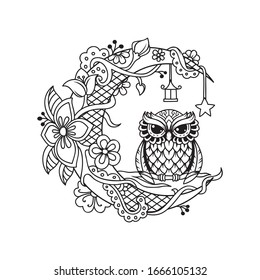 Crescent moon decoration with owl cut file illustration