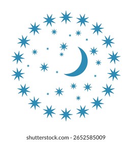 Crescent Moon with Decorative Star Circle. Celestial Vector Illustration. A crescent moon surrounded by a harmonious arrangement of stars in varying sizes, forming a perfect circular composition.