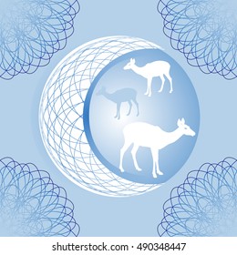The crescent moon and the deer female. Vector card with decorative frame and animal silhouette.Balls for decoration. Christmas card. Vector illustration. Decorative vintage elements.