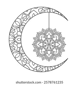 Crescent moon design, hand drawn mandala style. drawing of botanical natural theme. decoration, wallpaper, sticker, tattoo.