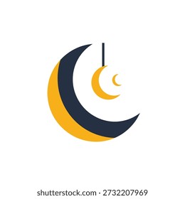 Design de lua crescente com formas sobrepostas amarelas e cinza escuro e um pequeno crescente pendurado em uma corda em estilo minimalista para conceitos noturnos e simbólicos