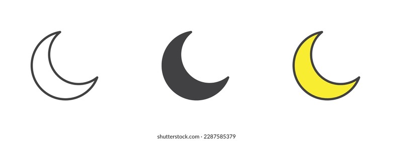 Conjunto de iconos de estilo diferente de luna creciente. Línea, glifo y contorno relleno versión colorida, contorno y signo vectorial relleno. Símbolo, ilustración del logotipo. Gráficos vectoriales