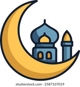 Crescent moon with dome-shaped mosque and minaret, symbolizing Ramadan nights.