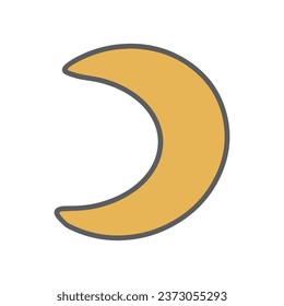 Crescent moon doodle vector illustration. Hand drawn cute yellow celestial element in outline vintage style. Simple half moon isolated on white background. Mystical boho night symbol
