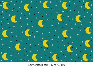 Crescent moon with dots on blue background.