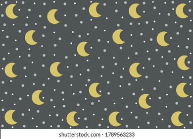 Crescent moon with dots on gray background.	