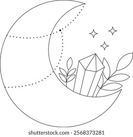 Crescent moon with dotted lines indicating the full moon, a crystal, and leaves inside the moon, with four stars above, creating a mystical or celestial theme