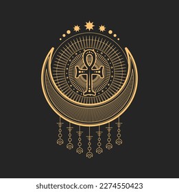 Crescent and moon esoteric occult symbols, magic tarot. Vector talisman with Egyptian ankh cross inside of circle with stars. Alchemy sign, mystic mason symbolic, amulet or tattoo