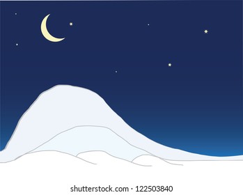 A crescent moon and evening star-filled sky with snow covered hills in the background. The soft evening sky contrasts with the stark snow.