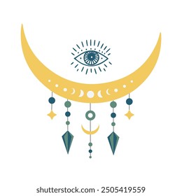 Crescent moon with eye and stars. Alchemy mystical magic celestial talisman. Boho style. Vector illustration