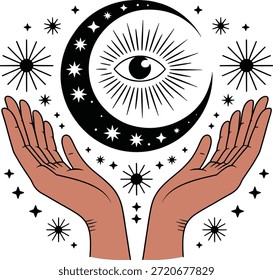Lua crescente com olho cercado por estrelas e mãos