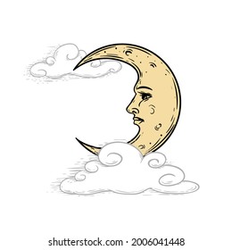 The Crescent Moon with face among the clouds. Mystical heaven hand drawn illustration. Sketch style. Astrology and witchcraft symbol. Engrave vintage stylized. Vector drawing.