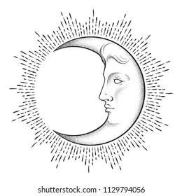 Crescent moon with face in antique style hand drawn line art and dotwork. Boho chic tattoo, poster, altar veil, tapestry or fabric print design vector illustration