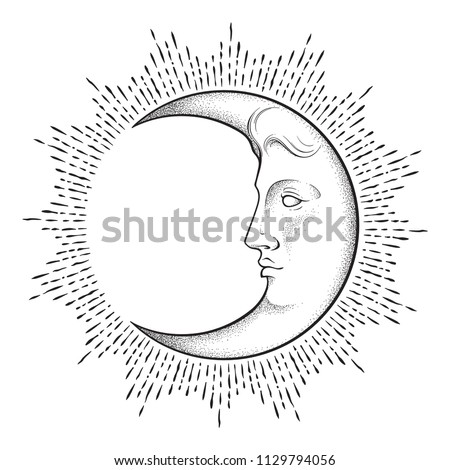Crescent moon with face in antique style hand drawn line art and dotwork. Boho chic tattoo, poster, altar veil, tapestry or fabric print design vector illustration