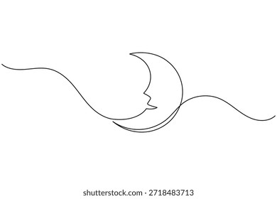 Crescent Moon with Face Continuous Line Drawing Dream Sleep Concept